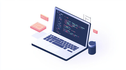 Software development coding process, code displayed, 3D laptop, white background, programming, coding interface, modern technology, digital workspace, software engineering, computer screen, coding env