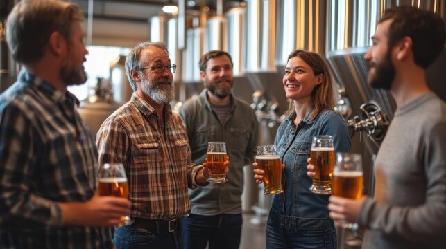 Group of friends toasting with beer in a brewery.