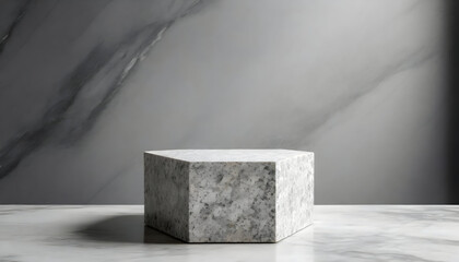 a mockup showcasing a monolithic granite pedestal with a light gray background, focusing on the luxurious texture of the granite. The design should convey a sense of modern sophistication and chic ele