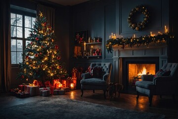 Obraz premium interior christmas. magic glowing tree, fireplace, gifts 