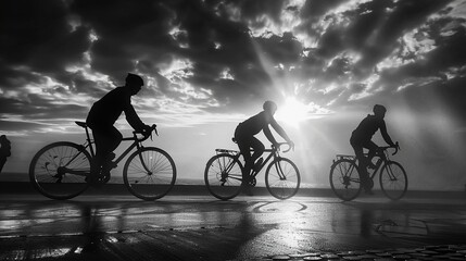 Obraz premium The image of people cycling with shades of black and white photos