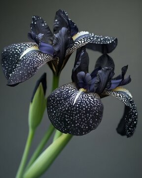 An artistic close-up of two black iris flowers in full bloom, showcasing their dark, velvety petals, intricate white speckles, and striking elegance against a muted background.