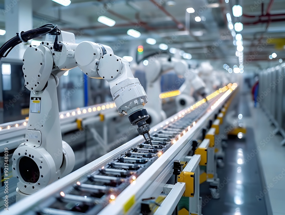 Poster automated electronics assembly line with robotic system highlighting modern manufacturing innovation