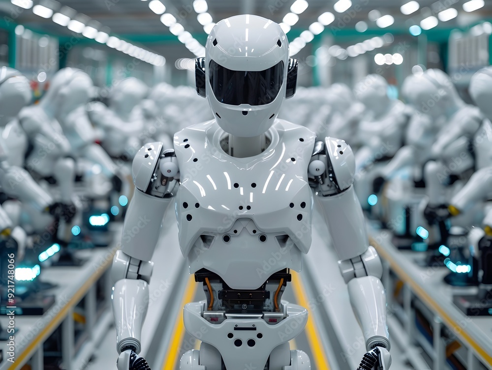 Poster high tech electronics assembly line with robots and technicians showcasing modern manufacturing inno