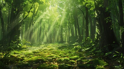 Obraz premium A lush forest background with towering trees whose leaves form a dense, green canopy overhead.