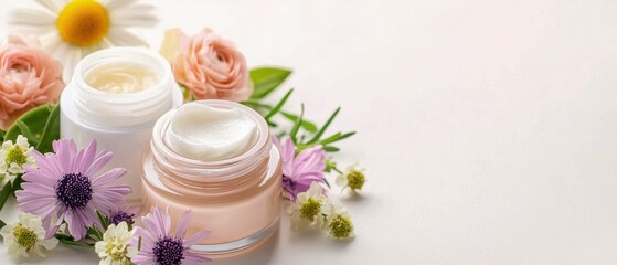 Elegantly arranged skincare products with fresh flowers, perfect for beauty and wellness themes.