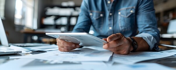 Business Owner Reviewing Insurance Documents on Digital Tablet