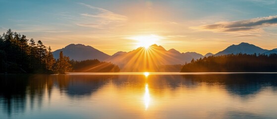 Fototapeta premium Stunning sunset over a tranquil lake surrounded by majestic mountains, casting vibrant reflections on the calm water surface.