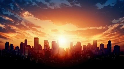Fototapeta premium Stunning sunset skyline with vibrant colors illuminating the cityscape, showcasing a blend of nature and urban architecture.