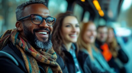 Happy Man in Glasses Smiling on Public Transportation.