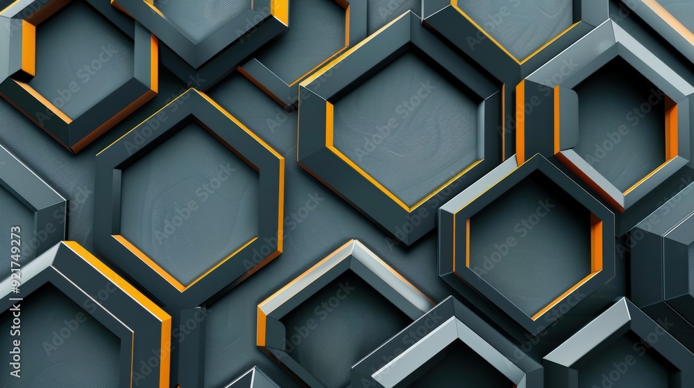 Poster a modern business pattern with a series of interconnected hexagons and rectangles.
