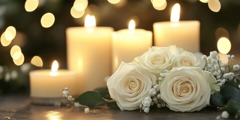 Elegant White Candles and Roses for a Memorial Service