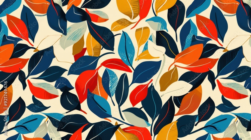 Poster a modern leaf pattern with a series of abstract leaf forms and bold colors