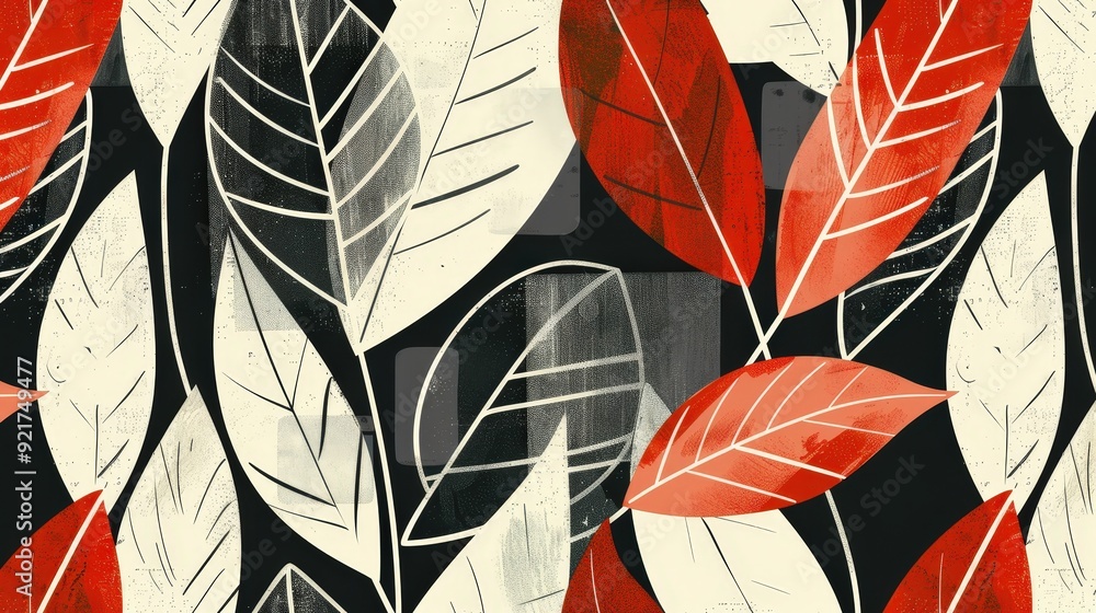 Poster a modern leaf pattern with a series of abstract leaf forms and bold colors