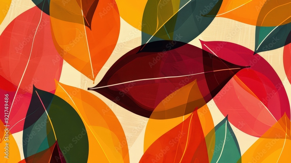 Poster a modern leaf pattern with a series of abstract leaf forms and bold colors