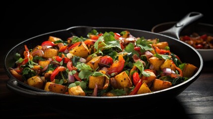 Colorful vegetable stir-fry in a cast iron skillet