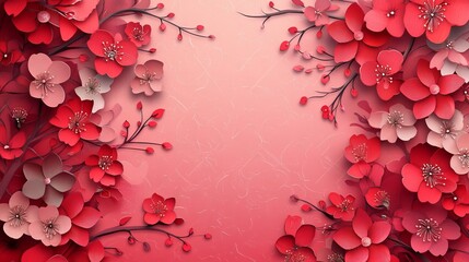Obraz premium floral background decorated blooming cherry flowers themed paper cut background illustration.