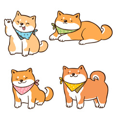 Vector Illustration of Cute Cartoon Shiba Inu Dog Characters on Isolated Background