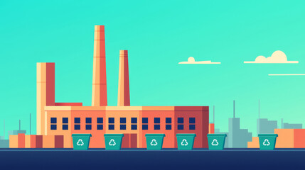 Obraz premium A vibrant illustration of an industrial building with recycling bins, symbolizing sustainable practices in urban environments.
