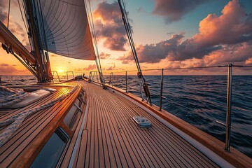Sailboat deck with teak wood and a sunset in the background.
