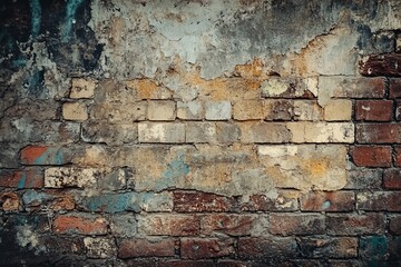 A grungy, old brick wall with deep cracks, patches of dirt, and graffiti
