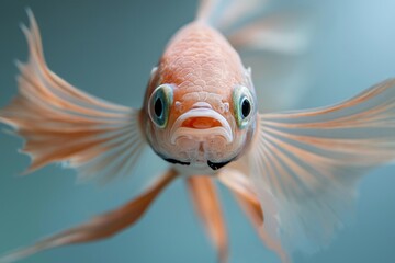 Fototapeta premium Close-up of a vibrant orange goldfish with large fins, looking directly at the camera.