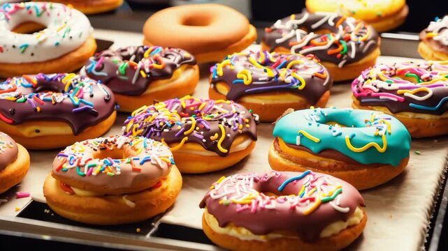 Many different tasty donuts with colorful glaze on baking sheet in bakery. Fragrant pastries. Delicious dessert background. Cooking and decorating. Round snack. Unhealthy fast junk food diet.