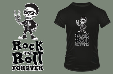 Cute cool skeleton with sunglasses showing rock hand symbol with a funny quote rock and roll forever. Vector illustration for tshirt, website, print, clip art, poster and print on demand merchandise.