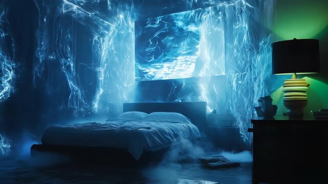 Holographic projection rotates in dimly lit bedroom. Intricate light patterns dance on walls. Ethereal blue glow bathes the space, creating a dreamlike futuristic atmosphere.	