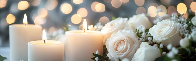 Obraz premium Elegant White Candles and Roses for a Memorial Service