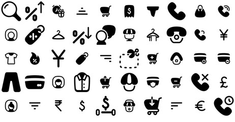 A Collection Of Ecommerce Bold Icons Silhouette Vector Logo Design Containing Cart,Filter,Avatar,Buy,Phone Solid Icon Collection. Vector Illustration