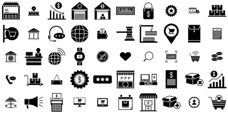 Set Of Linear E Commerce Glyph Isolated Silhouette Solid Icons With Packet,Shopping,Cart,Store,Commerce Stroke Icon Collection. Vector Illustration