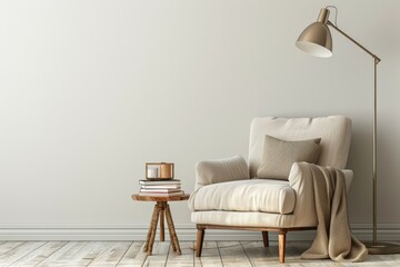 Tranquil Reading Nook with Armchair, Floor Lamp, and Books on Side Table Against Blank Wall for Relaxing Break