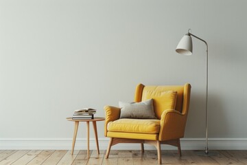 Tranquil Reading Nook with Armchair, Floor Lamp, and Books on Side Table Against Blank Wall for Relaxing Break