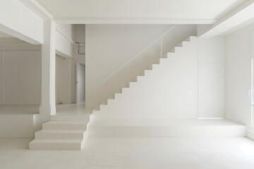 Obraz premium Modern Minimalist White Staircase Leading to Mezzanine Level with Blank Wall for Artwork or Company Values Display