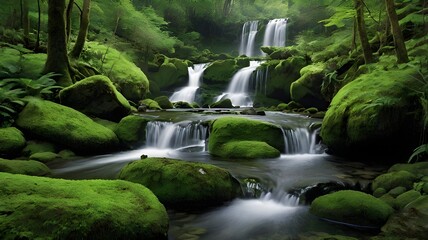 Fototapeta premium A serene view of a calm waterfall cascading down moss-covered rocks, surrounded by lush greenery