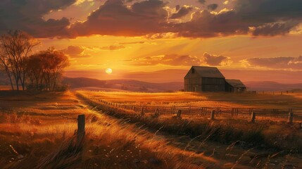 A sunset in the countryside offers a peaceful and rustic charm. The sun sets behind the fields and hills, casting a golden light over the landscape.