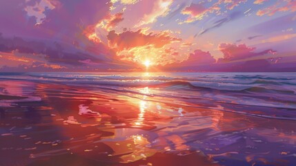 Fototapeta premium A sunset on the beach is a classic and timeless scene. The sun sets over the horizon, casting a warm glow on the sand and waves.