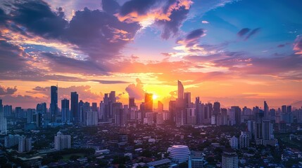 Fototapeta premium A sunset over the city skyline is a beautiful blend of nature and urban life. The sun sets behind the buildings, casting a warm glow over the city