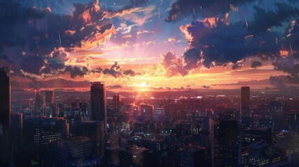 A sunset over the city skyline is a beautiful blend of nature and urban life. The sun sets behind the buildings, casting a warm glow over the city