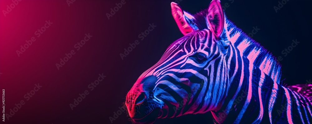 Sticker Neon Zebra with Glowing White and Pink Stripes on Black Background