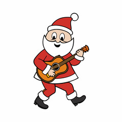 Christmas Santa walk and playing the guitar art vector illustrator