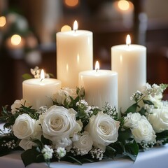 Obraz premium Elegant White Candles and Roses for a Memorial Service