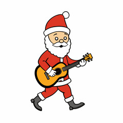 Christmas Santa walk and playing the guitar art vector illustrator