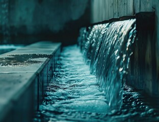Waterfall flowing over dam in water treatment plant