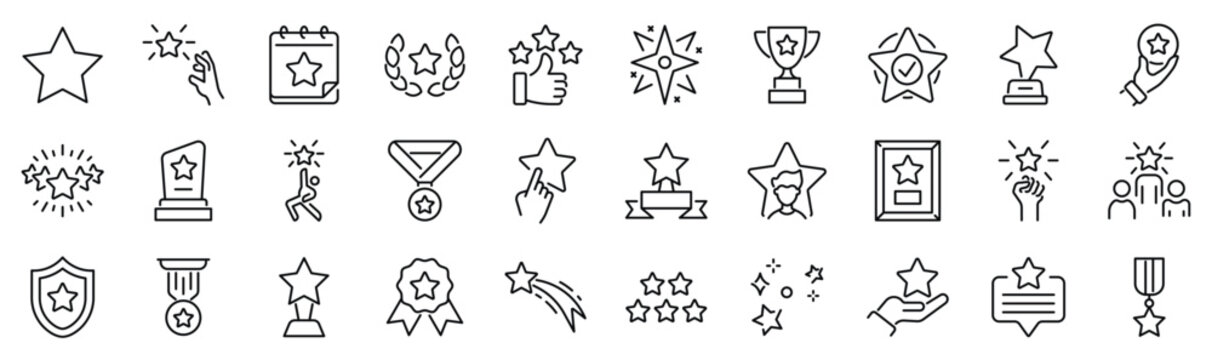 Set of 30 outline icons related to star. Linear icon collection. Editable stroke. Vector illustration