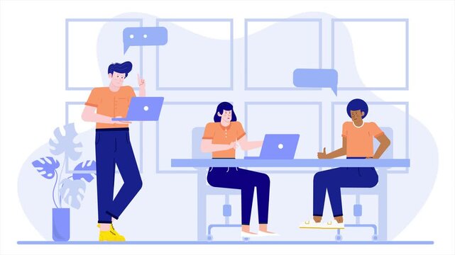 people working in an office with laptop illustration business animated video