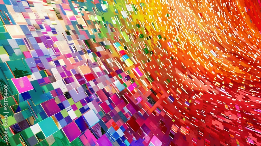 Poster colorful abstract pattern with vibrant squares and dynamic movement, evoking a sense of energy and c