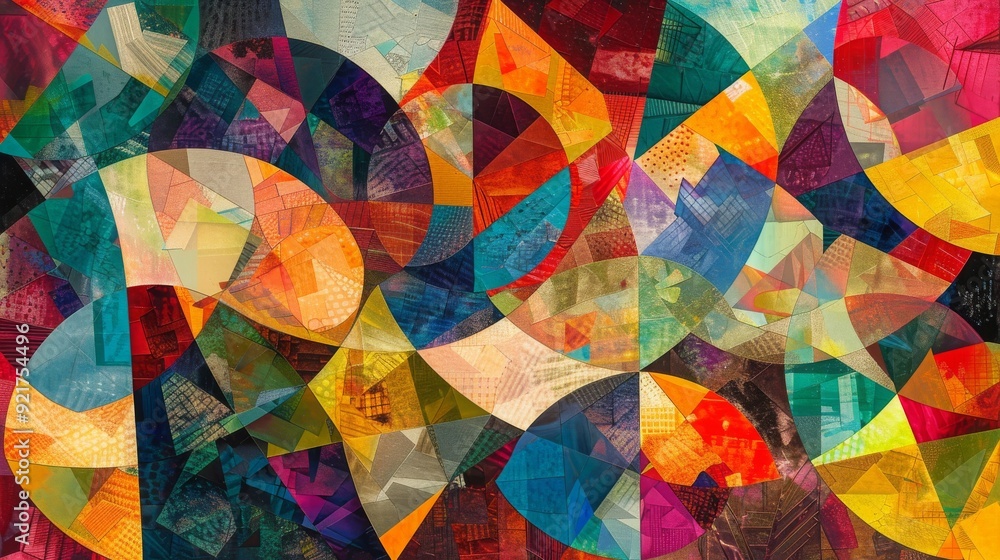 Poster a vibrant abstract composition featuring colorful geometric shapes and patterns, evoking a sense of 