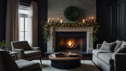 Interior with fireplace, tree and garland